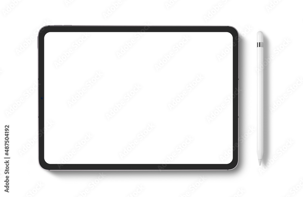 communication device of blank screen for online in social media, tablet and white tablet stylus on white background