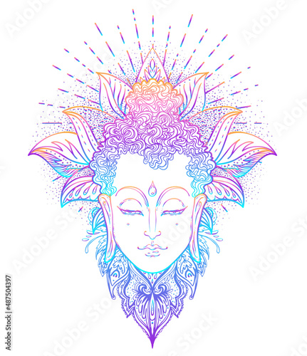 Buddha face over ornate mandala round pattern. Esoteric vintage vector illustration. Indian, Buddhism, spiritual art. Hippie tattoo, spirituality, Thai god, yoga zen Coloring book pages for adults.
