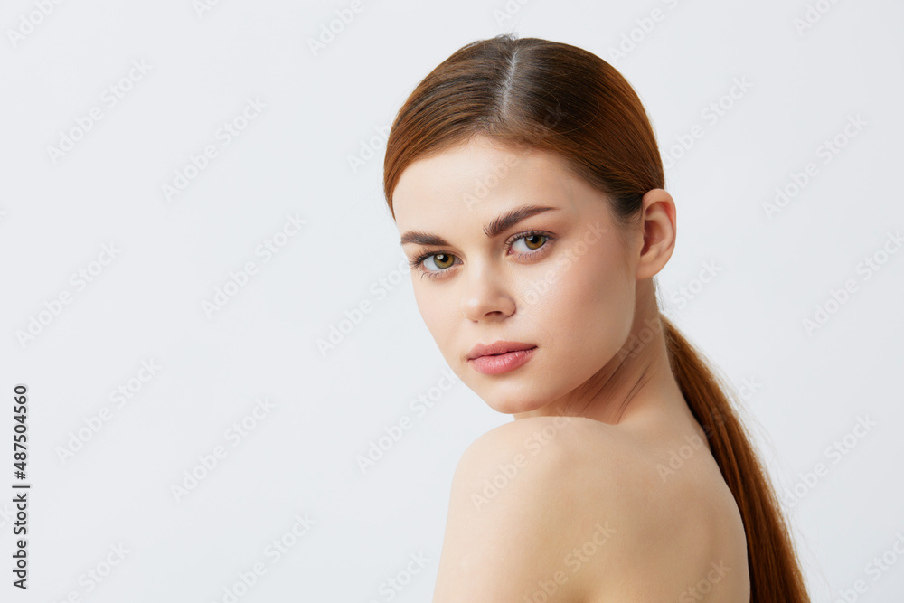 young woman bare shoulders pure skin glamor isolated background young woman bare shoulders pure skin glamor isolated background