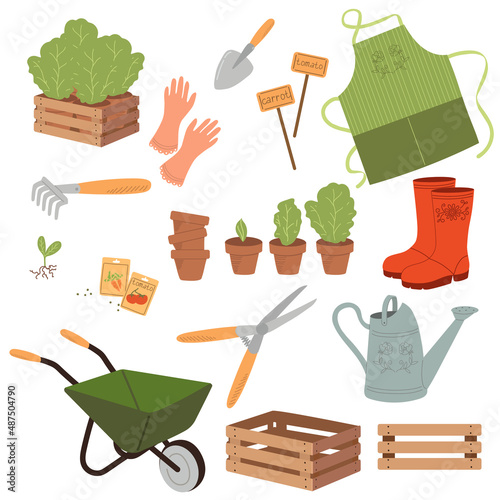 Gardeners Equipment Set Of Objects Needed For Gardening And Farming Isolated Vector Illustrations. Farm tools and for transplanting plants trolley, watering can, scissors, rake, shovel, apron, rubber