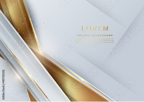 Abstract 3D grey and gold luxury geometric diagonal overlapping shiny background with lines golden glowing with copy space for text.