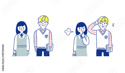 学生服を着た男女　困った表情と笑顔の表情