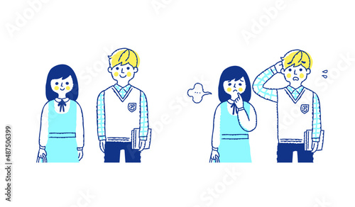 学生服を着た男女　困った表情と笑顔の表情