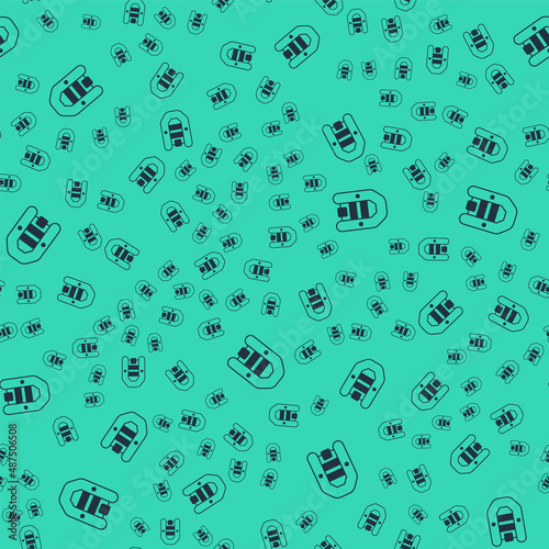 Black Inflatable boat with outboard motor icon isolated seamless pattern on green background. Vector