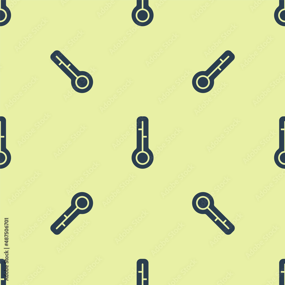 Blue Meteorology thermometer measuring icon isolated seamless pattern on yellow background. Thermometer equipment showing hot or cold weather. Vector Blue Meteorology thermometer measuring icon isolated seamless pattern on yellow background. Thermometer equipment showing hot or cold weather. Vector