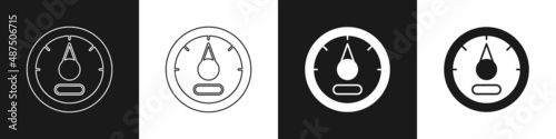 Set Motor gas gauge icon isolated on black and white background. Empty fuel meter. Full tank indication. Vector