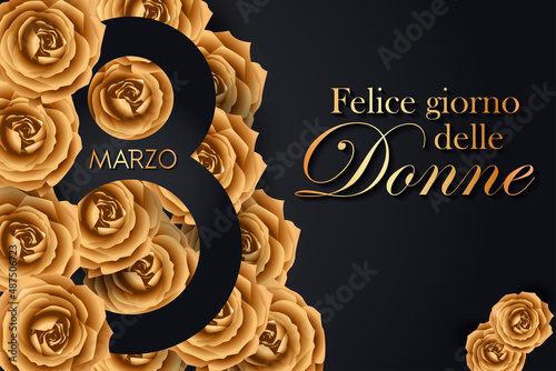 biglietto o striscione per la festa della donna l'8 marzo in oro su sfondo nero con rose color oro
