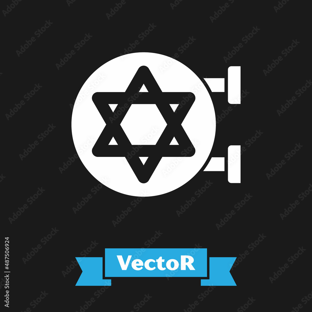 White Jewish synagogue building or jewish temple icon isolated on black background. Hebrew or judaism construction with David star. Vector White Jewish synagogue building or jewish temple icon isolated on black background. Hebrew or judaism construction with David star. Vector