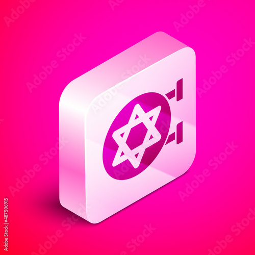 Isometric Jewish synagogue building or jewish temple icon isolated on pink background. Hebrew or judaism construction with David star. Silver square button. Vector