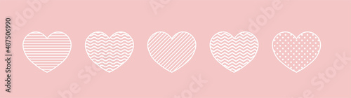 Set of white outline heart cliparts with various textures isolated on pink background. Vector illustration for patterns, prints, decoration, design elements.