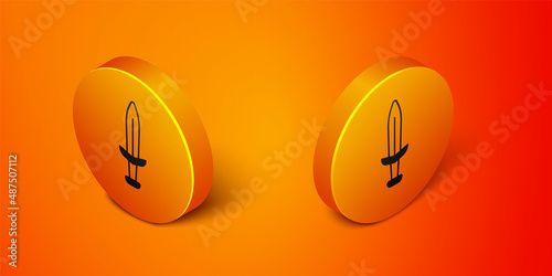 Isometric Medieval sword icon isolated on orange background. Medieval weapon. Orange circle button. Vector