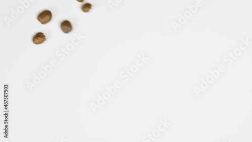 The coffee beans spin rotate quickly fast fly, dispart, splash to the sides with centrifugal coriolis force. The video is in reverse. Coffee beans twist, create pattern, make design figure picture. photo