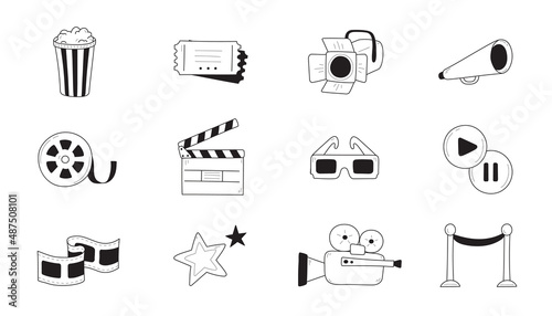 Movie, cinema entertainment doodle icon illustration. Doodle hand drawn sketch style movie elements, popcorn, video camera, clapperboard. Vector outline illustration.
