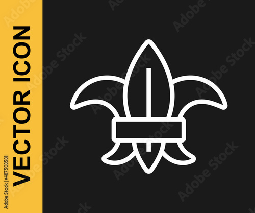 White line Fleur de lys or lily flower icon isolated on black background. Vector