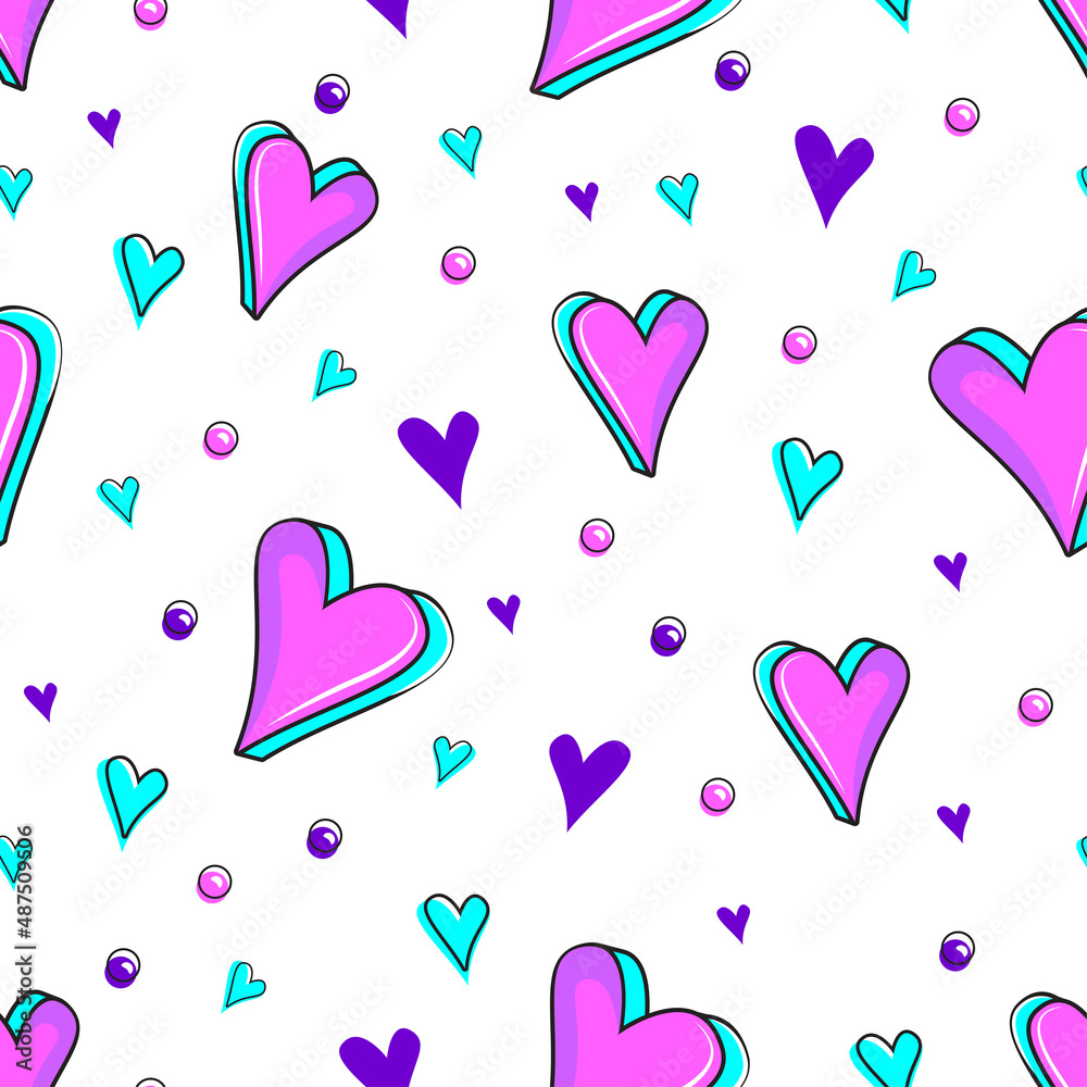 Colorful seamless pattern of heart in memphis style. Vector love background retro vintage 80s or 90s style.