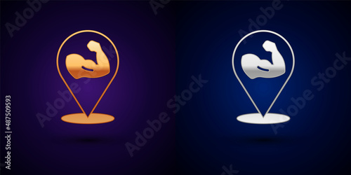 Gold and silver Bodybuilder showing his muscles icon isolated on black background. Fit fitness strength health hobby concept. Vector