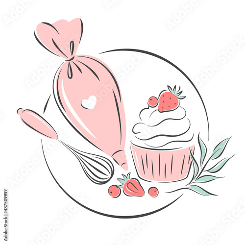 Pastry logo. Set of tools for making cakes, cookies and pastries. Vector illustration for menu, recipe book, baking shop, cafe.