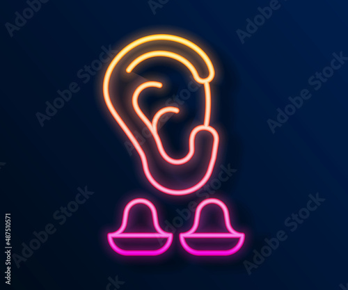 Glowing neon line Earplugs and ear icon isolated on black background. Ear plug sign. Noise symbol. Sleeping quality concept. Vector