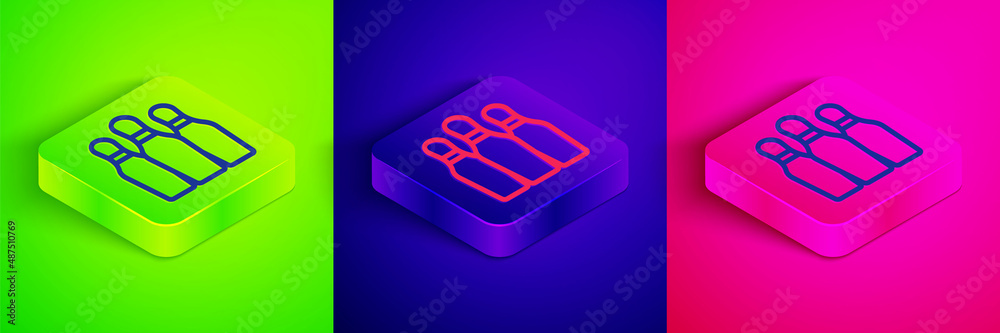 Isometric line Bowling pin icon isolated on green, blue and pink background. Juggling clubs, circus skittles. Square button. Vector Isometric line Bowling pin icon isolated on green, blue and pink background. Juggling clubs, circus skittles. Square button. Vector