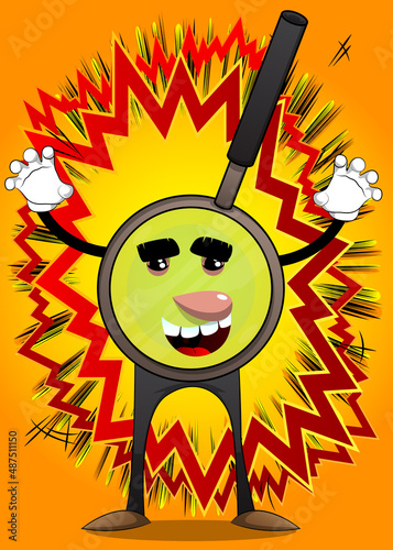 Magnifier is trying to scare you. Cartoon Character science research object, analysis, business, examination, optics concept.