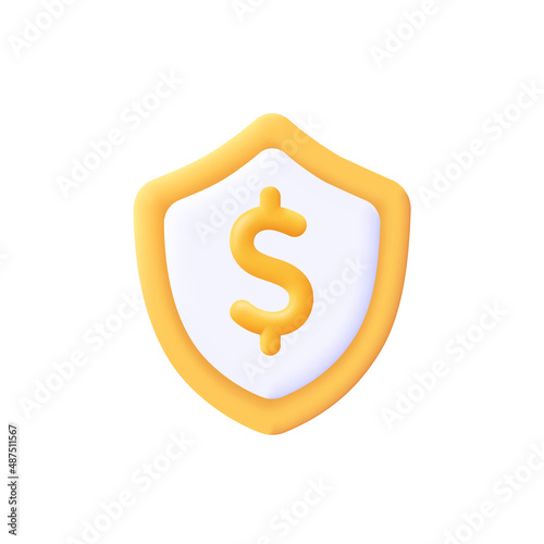 Gold shield with dollar sign. Money safety , insurance, business and finance concept. 3d vector icon. Cartoon minimal style.