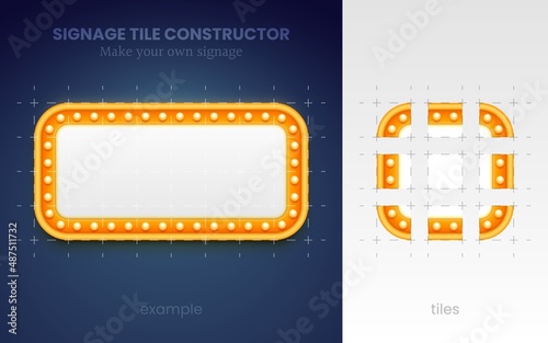 Signage tile constructor. Make your own retro lightbox sign board with bulbs. Classic cinema or marquee sign design. Vector illustration