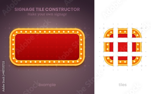 Signage tile constructor. Make your own retro lightbox sign board with bulbs. Classic cinema or marquee sign design. Vector illustration