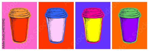 Set Coffee Mug Vector Illustration Pop Art Style