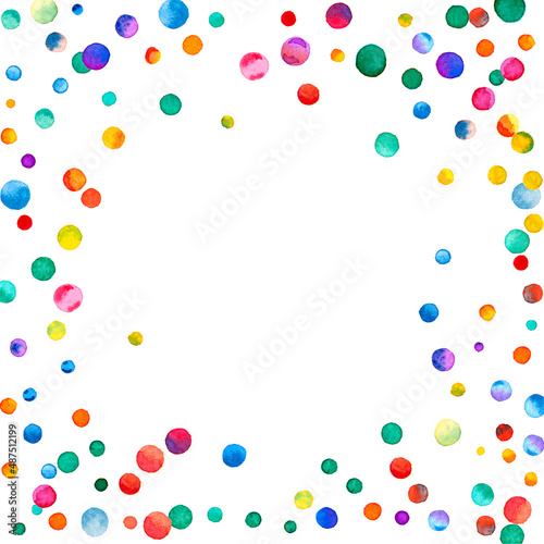 Watercolor confetti on white background. Adorable rainbow colored dots. Happy celebration square colorful bright card. Exquisite hand painted confetti.