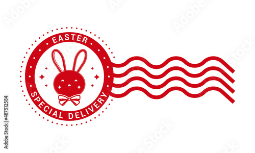 Easter special delivery. Round stamp design template. Easter decorative element for handmade gifts with text and rabbit silhouette. Vector illustration on white background