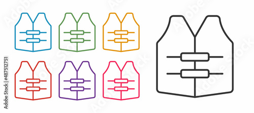 Set line Life jacket icon isolated on white background. Life vest icon. Extreme sport. Sport equipment. Set icons colorful. Vector
