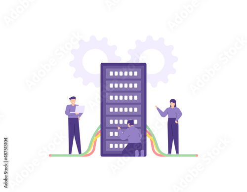 illustration of a team doing maintenance and repairs on a server device. server admin, database management staff. work and profession. flat cartoon style. vector design. element