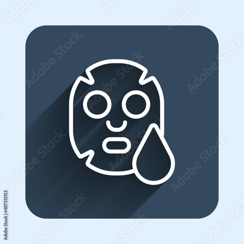 White line Facial cosmetic mask icon isolated with long shadow background. Cosmetology, medicine and health care. Blue square button. Vector