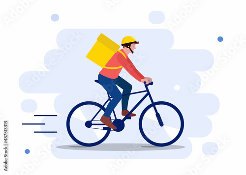 Courier on bicycle with trunk case box. Liquid abstraction background. Design element for banner, poster, advertising, promo. Food delivery app concept cartoon vector illustration. Flat
