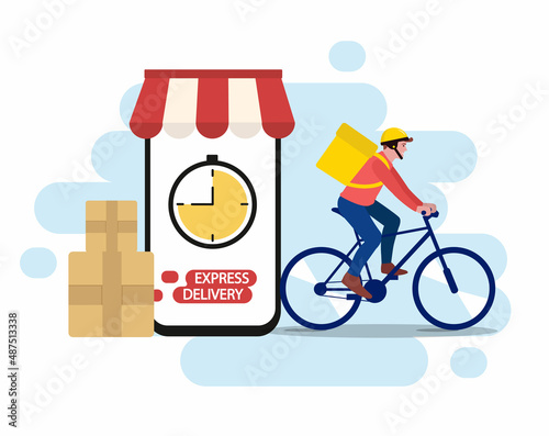 Delivery man riding a bike. Food delivery app on a smartphone tracking a delivery man on a moped with a ready meal, technology and logistics concept. Flat vector illustration. Cartoon