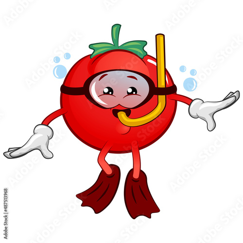 vector mascot character of cute tomato snorkelling cheerfully