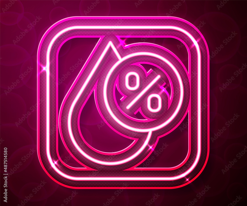Fototapeta premium Glowing neon line Water drop percentage icon isolated on red background. Humidity analysis. Vector