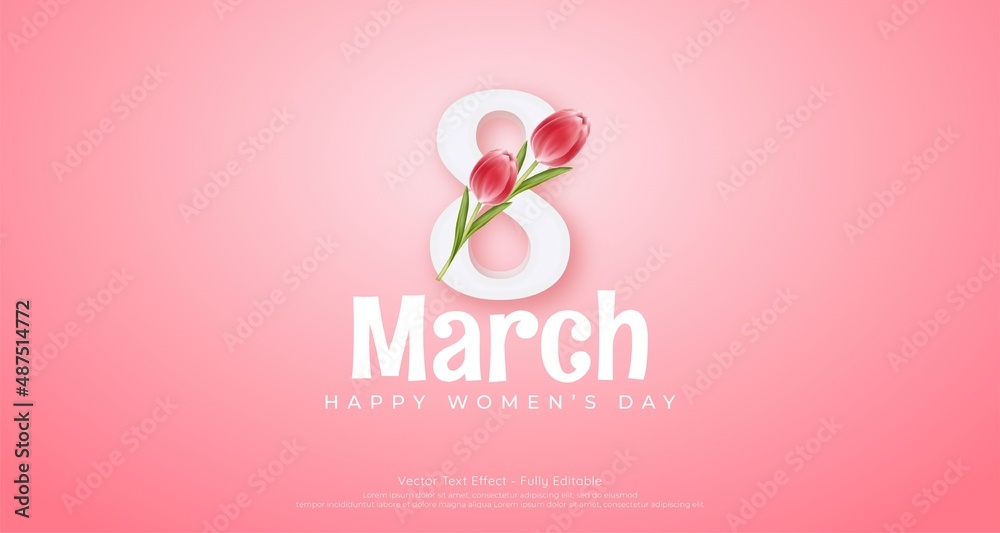 8 march women's day banner with tulip flower on pink background