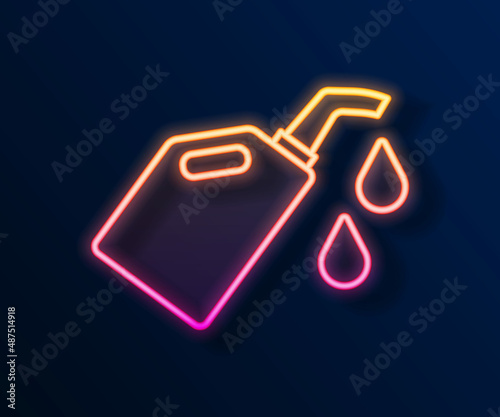 Glowing neon line Canister for motor machine oil icon isolated on black background. Oil gallon. Oil change service and repair. Vector