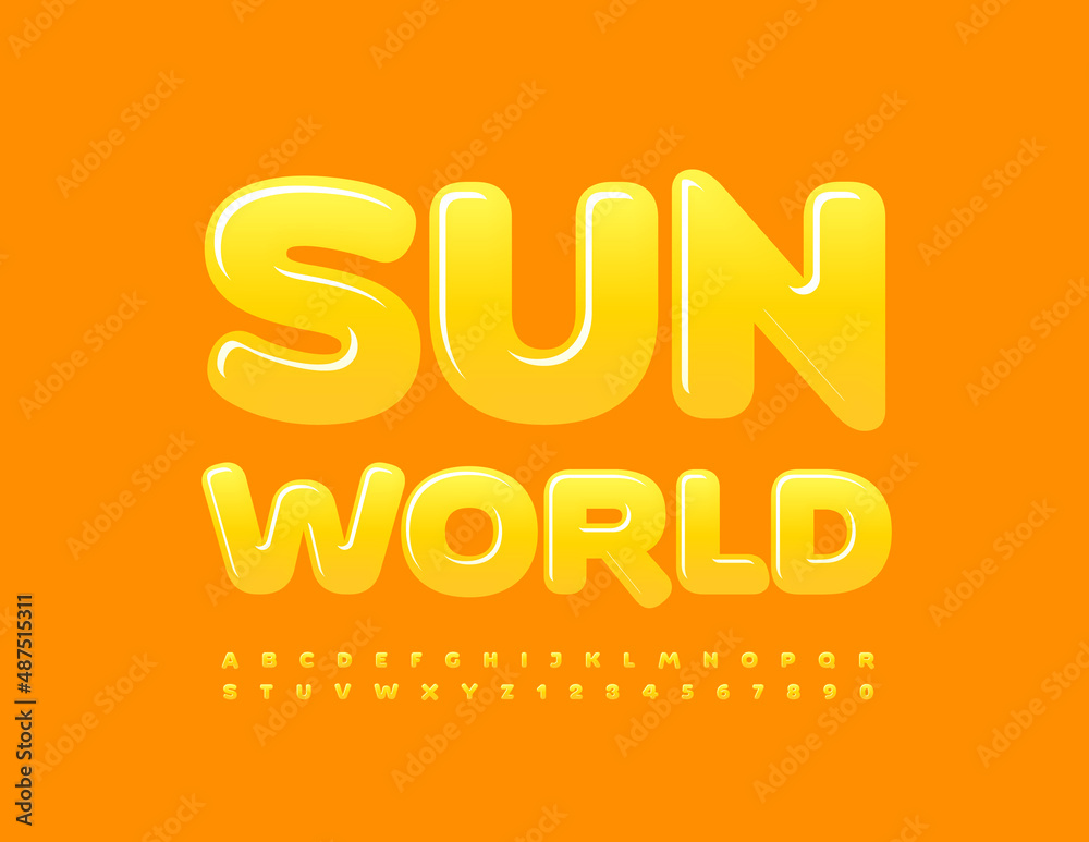Vector bright banner Sun World. Yellow glossy Font. Creative shiny Alphabet Letters and Numbers set