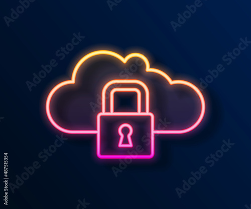 Glowing neon line Cloud computing lock icon isolated on black background. Security, safety, protection concept. Protection of personal data. Vector