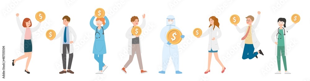 8 paramedic man or woman doctor or laboratory staff composition, medical worker with coins or money, cartoon vector 8 paramedic man or woman doctor or laboratory staff composition, medical worker with coins or money, cartoon vector