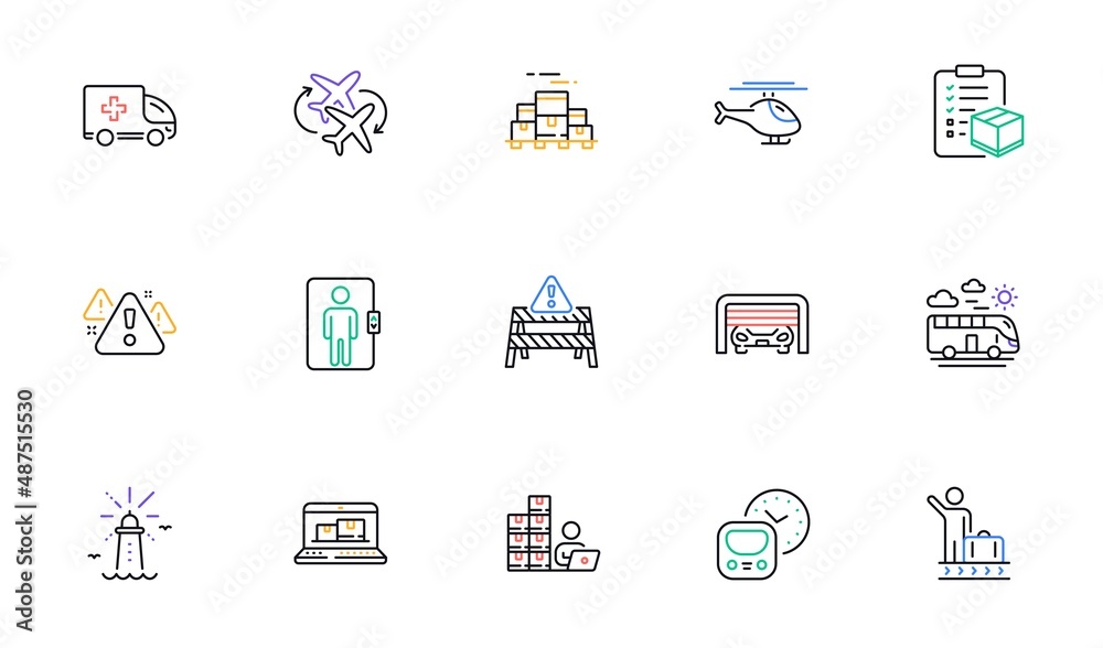 Boxes pallet, Warning and Warning road line icons for website, printing. Collection of Inventory, Bus travel, Parcel checklist icons. Luggage belt, Parking garage. Vector