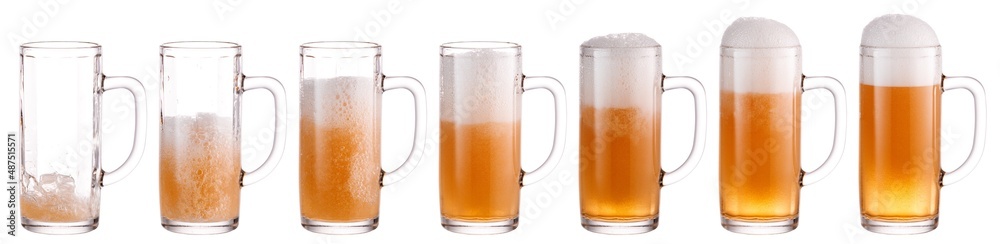 Set of many beer glasses with different levels beer pouring and foam. Isolated on white background.