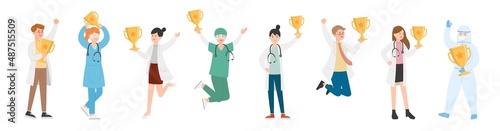 Group of 8 paramedics man or woman doctor or experimenter, medical worker with trophy and champion, cartoon vector