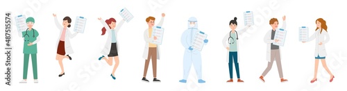 8 paramedic man or woman doctor or laboratory staff composition, medical worker with scrapbooking, cartoon vector