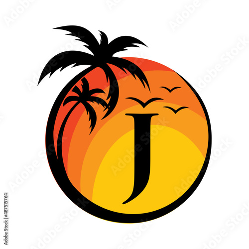 Beach Logo On Letter J Vector Sign. Summer Vacation On Tropical Beach with J Logotype. Sunset Summer Travel Logo Beach, Sea, Sunset Logo Design Vector Template