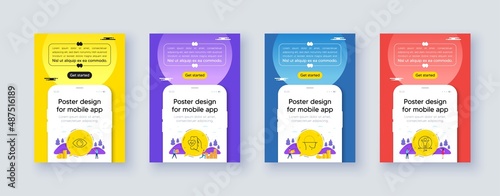 Simple set of Health eye, Cardio training and Face scanning line icons. Poster offer design with phone interface mockup. Include Social distance icons. For web, application. Vector