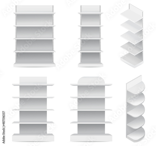 Set of white empty store shelves. Retail shelf rack. Showcase display. Empty market, shop or store shelf. Promotion stand mockup vector set