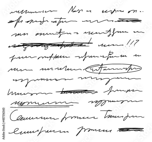 Vector unreadable handwriting, crossed out phrases. Exclamation points, underlining words in a sentence. Doodle illustration of unreadable text on a white background.